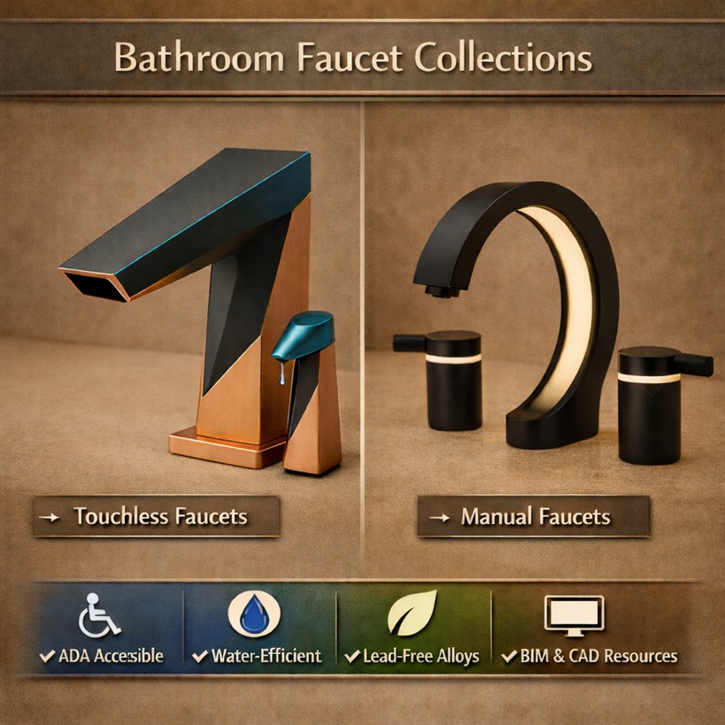 Bathroom faucet collections for AEC specification including water efficiency, accessibility, and BIM coordination
